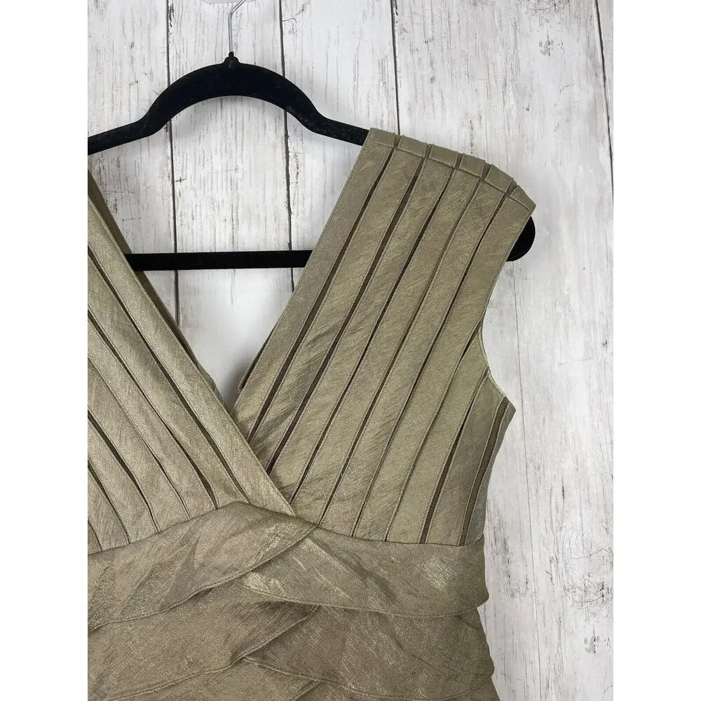 Adrianna Papell Dress Size 4 Gold Beige Shimmer Panels Tiered Ruffles Party Glam